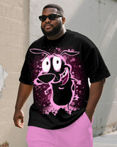 Men's Plus Size Black Powder Panic Cartoon Print Short Sleeve T-shirt Shorts Suit